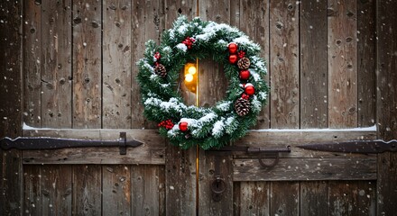 Christmas wreath on a rustic wooden door with snow falling