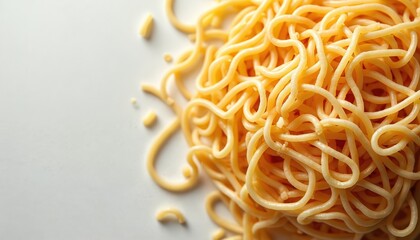 Pile of raw spaghetti on white background. Uncooked pasta strings form abstract shapes, ready for meal prep. Dry food closeup view with empty space.