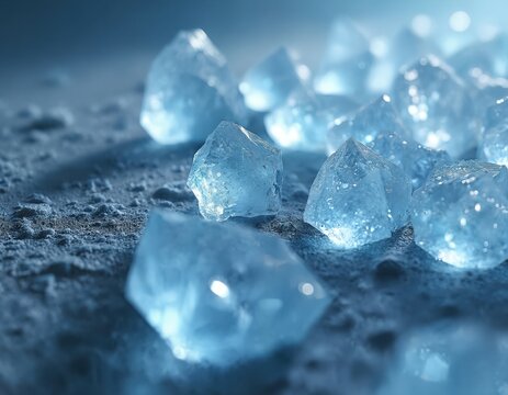 Close up photo shows multiple clear ice crystals. Frozen water shards sparkle reflecting the light. Abstract ice crystal texture forms background. Cold winter scene.