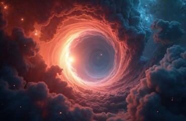 Fototapeta premium Vast cosmic tunnel vortex glows with bright light. Nebulae swirl in deep space among stars. Fantasy portal to another dimension opens in dark universe.
