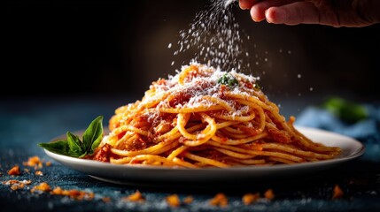 A delicious plate of spaghetti topped with freshly grated cheese and herbs, showcasing a culinary delight in a beautifully styled setting.