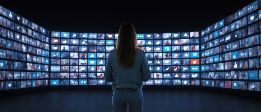 Woman Observing Multiple Screens Displaying Social Media Content - Powered by Adobe