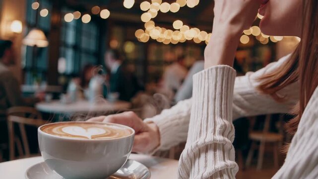 Woman's hands resting by a steaming cup of coffee with heart shaped latte art, creating a cozy and relaxing moment inside a warm cafe with blurred string lights in the background