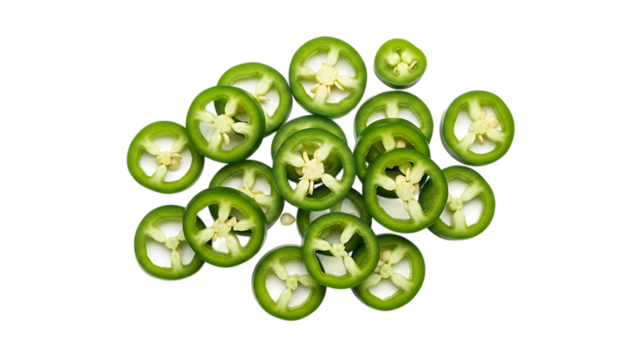 Overhead view of sliced jalapeno peppers showing seeds and texture isolated on transparent background