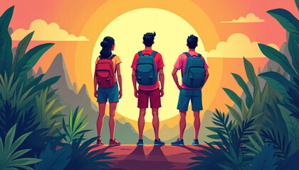 Three young friends with backpacks hike tropical jungle path. Stand watching bright sunset over distant mountains. People explore nature outdoors, enjoying adventure trip, feeling freedom together.
