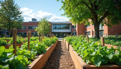 Fototapeta premium School garden with neat raised beds and plant markers. Rich green plants grow under a large tree. Red brick building forms background. Sunny clear day.