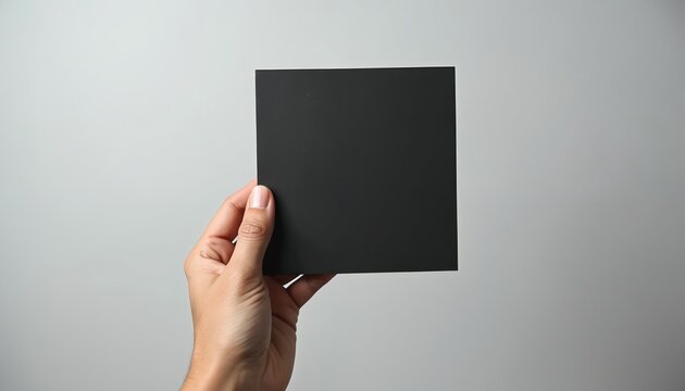 Hand holds blank black square paper card. Human presents empty dark space for text message copy, isolated on grey studio backdrop. Clean background for advertisement design, branding mock up.