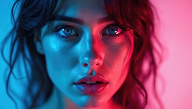 Close up portrait of girl face in vibrant lighting. Woman has blue eyes and dark curly hair. Lighting is split with blue and red tones. Glamorous, artistic and creative color.