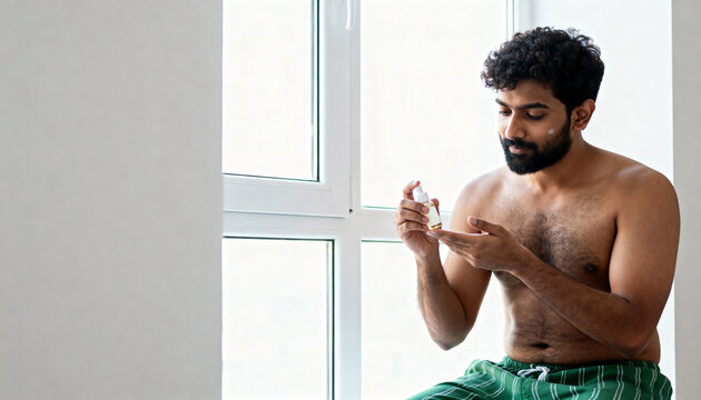 Young indian man applying face serum during his morning skincare routine. Shirtless male using cosmetic oil for grooming and self-care. Copy space for text