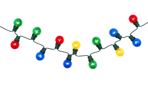 A string of colorful christmas lights with red green blue and yellow bulbs glowing brightly isolated on transparent background