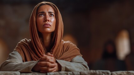 Hannah kneeling at the temple altar in prayer with torchlight and curling incense smoke.