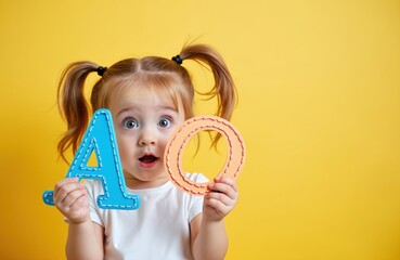 Girl holds letters. Child with letters And O on yellow background. Early childhood education concept. Toddler learning alphabet at speech therapy. Kid with speech disorder. Preschooler learning