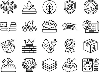 Line icons for mattress features, bedding benefits, sleep comfort, eco materials, durability, vector, flat, minimal, black, white, clean