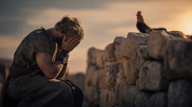Peter weeps bitterly at dawn after denying Christ, as the rooster crows in Jerusalem, a moment of deep remorse that reveals human weakness, repentance, and the hope of divine forgiveness