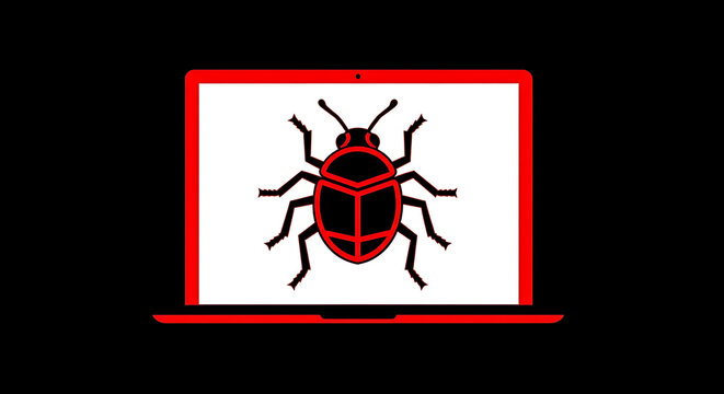 Computer screen displaying a red and black insect illustration representing a digital virus or malware threat - Powered by Adobe