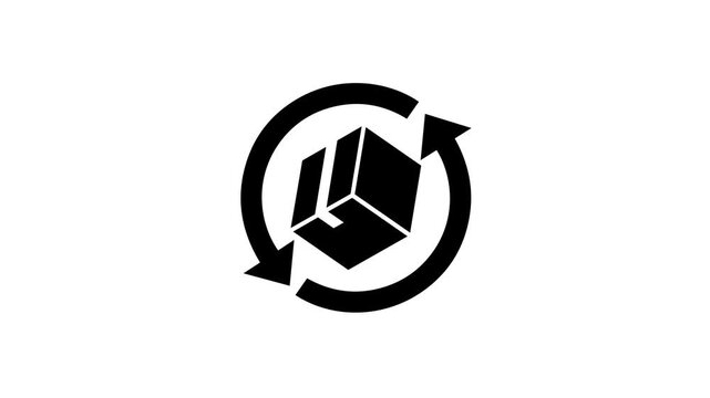 A black package/box surrounded by a circular arrow on a white background in a simple graphic design