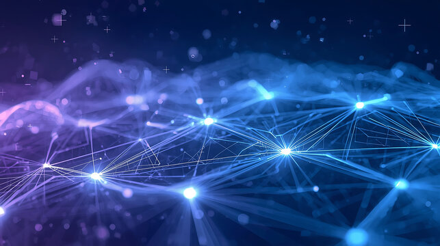 Abstract digital network with glowing nodes and connections in blue and purple light