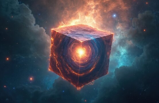 Illustration of a cosmic cube floating in space. The cube glows with light energy. Universe filled with nebulas stars. Concept of space exploration physics science and beyond.
