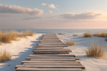 Wooden boardwalk path stretching across white sand dunes and sea oats, leading the viewer's eye towards the ocean horizon at sunset.