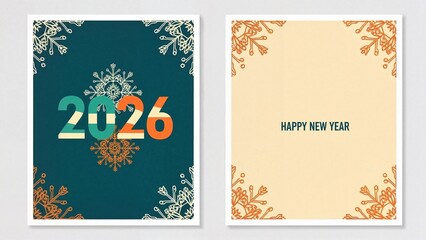 New Year card featuring 2026 and Happy New Year text with white and beige snowflakes on dark green and light beige backgrounds