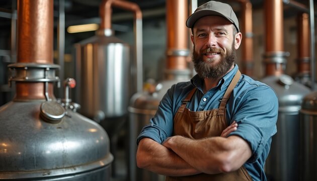 Smiling man with beard, cap, apron stands in distillery. Works at craft alcohol production facility. Copper stills, steel tanks visible. Small business owner proud of work, running local spirit beer - Powered by Adobe