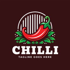Chilli Logo Design with Red Pepper and Green Leaves Illustration