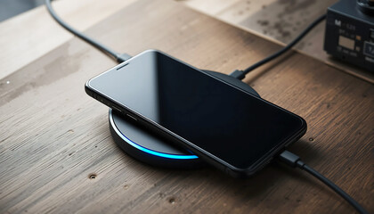 Smartphone charging wirelessly on a wooden table with a blue light indicator