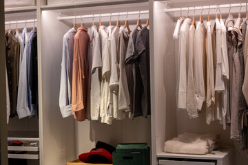 Modern Minimalist Walk-In Closet with Organized Clothing on Wooden Hangers and LED Lighting