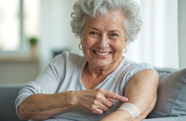 Happy mature woman shows arm with bandage after injection. Senior lady smiles after vaccine. Older female points to plaster on arm after vaccination at home. Healthcare concept.