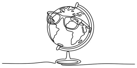 Continuous line art drawing of a world globe wearing stylish sunglasses, symbolizing global vision, cool travel, education, or planet earth wisdom Vector, illustration