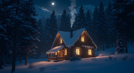 Cozy wooden cabin in snowy forest at night with moon