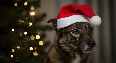 Dog wearing a santa hat next to a christmas tree