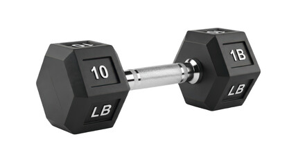 Black 10lb hexagonal rubber dumbbell for strength training isolated on transparent PNG background