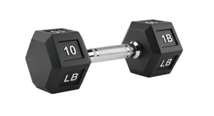 Black 10lb hexagonal rubber dumbbell for strength training isolated on transparent PNG background