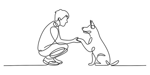 Continuous line drawing of a person crouching down and shaking hands with a dog, symbolizing companionship, loyalty, and human-animal bond. Vector, illustration