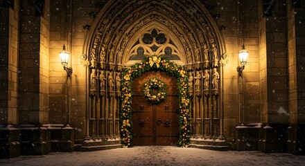 Festive church entrance with wreath and garland