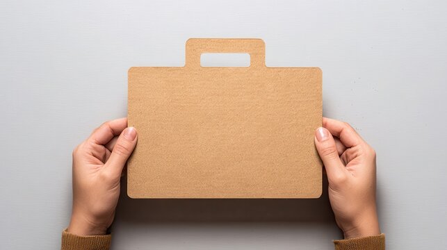 Hands Holding Paper Cutout of Briefcase on Gray Background - Powered by Adobe