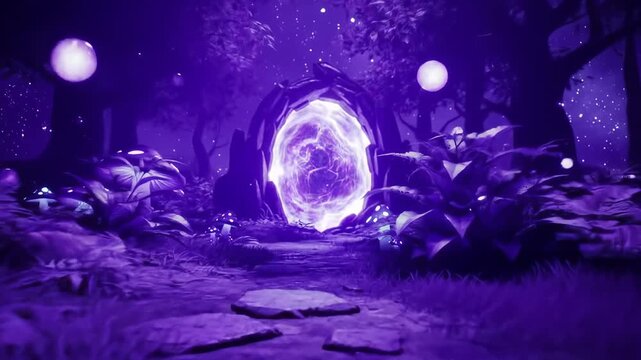 A magical purple forest path leads to a glowing portal surrounded by trees and mushrooms under a starry sky