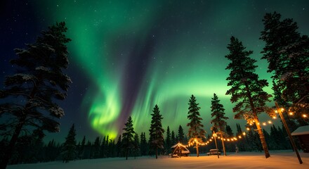 Aurora borealis over a snowy forest with string lights