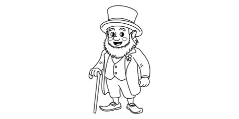 Leprechaun character for saint patrick's day celebration, outline drawing, isolated on white, a bearded man in a top hat holding a walking cane. Vector, illustration