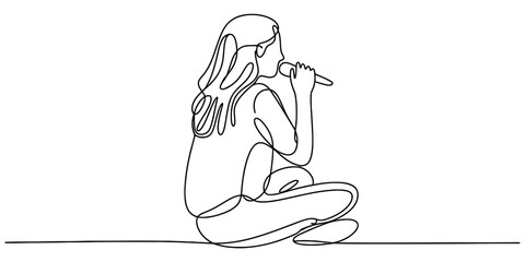 Continuous line drawing of a woman sitting and singing into a microphone, minimalist single line art illustration, music performance, vocal talent concept. Vector, illustration