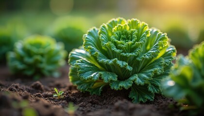 Young kale plant grows in soil. Green leaves unfurl towards soft morning sunlight. Vegetable sprouts develop in garden bed. Agriculture and healthy food cultivation.