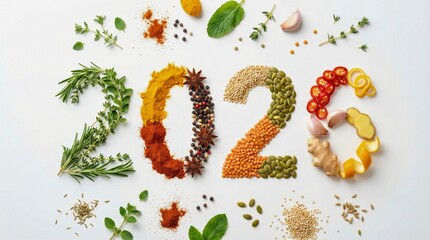Herbs and spices arranged to form 2026 on white background