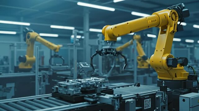 Industrial robot arm working in a modern factory. Automated manufacturing process with yellow robotic arms assembling metal parts on a conveyor belt. Industry 4.0 and smart technology concept