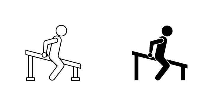 Stick figure icon performing a dip exercise on parallel bars, outline and silhouette, isolated on