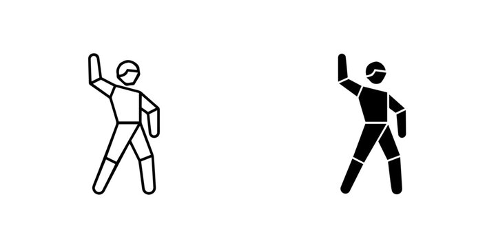 Human figure icon in outline and glyph style, depicting a person dancing or exercising, isolated on