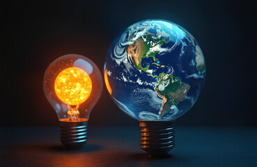 Planet earth inside lightbulb shows eco energy concept. Globe with continents in light bulb, sun in other lamp. Save energy, environment care and eco solutions on dark background.