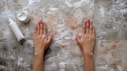 Woman's hands holdind a jar of moisturizing cream on pastel tiles background with copyspace. Skincare concept.