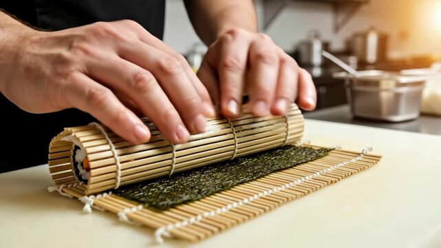 Close-up of professional chef hands rolling fresh sushi with a bamboo mat. Preparing a traditional Japanese maki roll with salmon, tuna, and cucumber in a restaurant kitchen. Culinary food preparation