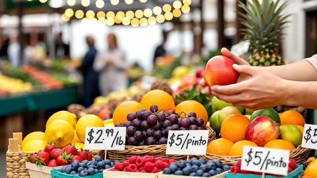 Customer selecting a fresh red apple at an outdoor farmers market fruit stand. Hands picking organic produce from a colorful display with berries and oranges. Healthy eating and shopping concept
